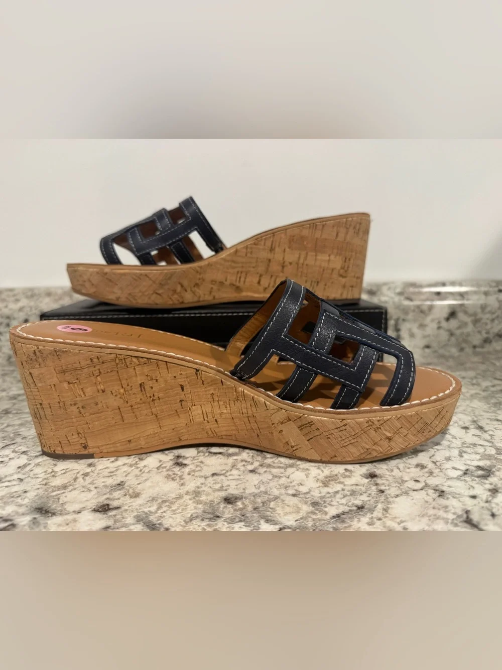 J. McLaughlin Piper wedge platform slide cork bottom sandals Navy Brown Size 9